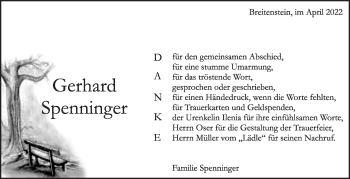 Traueranzeige von Gerhard Spenninger von Leonberger Kreiszeitung / Strohgäu Extra