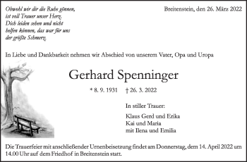 Traueranzeige von Gerhard Spenninger von Leonberger Kreiszeitung / Strohgäu Extra