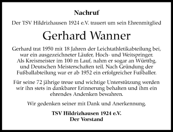 Traueranzeige von Gerhard Wanner von Leonberger Kreiszeitung / Strohgäu Extra