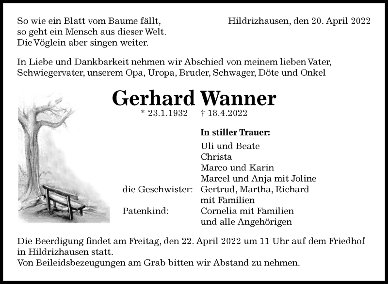 Traueranzeige für Gerhard Wanner vom 20.04.2022 aus Leonberger Kreiszeitung / Strohgäu Extra