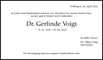 Traueranzeige von Gerlinde Voigt von Leonberger Kreiszeitung / Strohgäu Extra