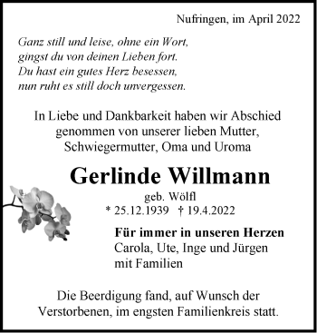 Traueranzeige von Gerlinde Willmann von Leonberger Kreiszeitung / Strohgäu Extra