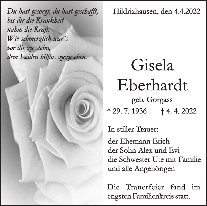  Traueranzeige für Gisela Eberhardt vom 21.04.2022 aus Leonberger Kreiszeitung / Strohgäu Extra