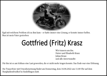 Traueranzeige von Gottfried Krasz von Leonberger Kreiszeitung / Strohgäu Extra