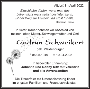 Traueranzeige von Gudrun Schweikert von Leonberger Kreiszeitung / Strohgäu Extra