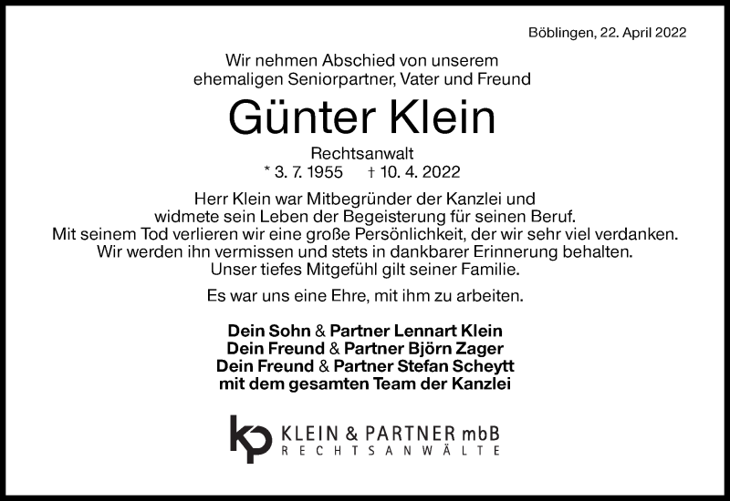 Traueranzeige für Günter Klein vom 22.04.2022 aus Leonberger Kreiszeitung / Strohgäu Extra