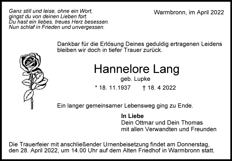  Traueranzeige für Hannelore Lang vom 23.04.2022 aus Leonberger Kreiszeitung / Strohgäu Extra