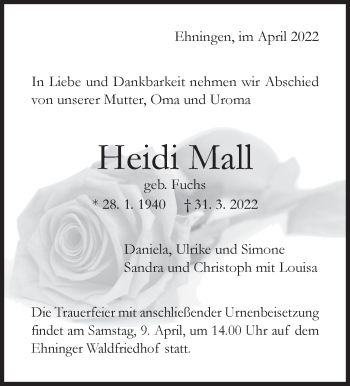 Traueranzeige von Heidi Mall von Leonberger Kreiszeitung / Strohgäu Extra