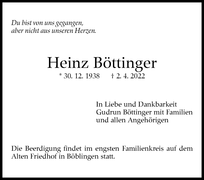  Traueranzeige für Heinz Böttinger vom 08.04.2022 aus Leonberger Kreiszeitung / Strohgäu Extra