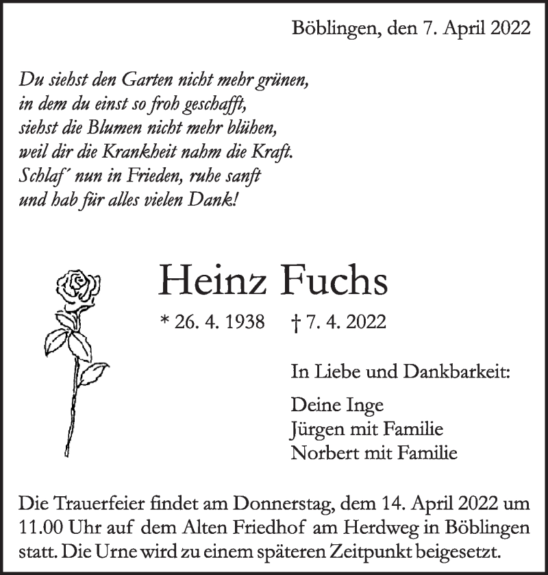  Traueranzeige für Heinz Fuchs vom 12.04.2022 aus Leonberger Kreiszeitung / Strohgäu Extra