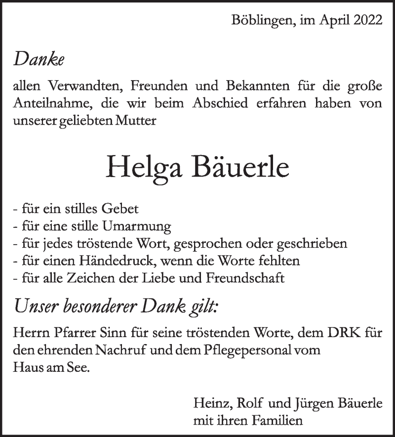  Traueranzeige für Helga Bäuerle vom 07.04.2022 aus Leonberger Kreiszeitung / Strohgäu Extra