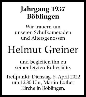 Traueranzeige von Helmut Greiner von Leonberger Kreiszeitung / Strohgäu Extra