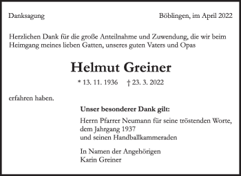 Traueranzeige von Helmut Greiner von Leonberger Kreiszeitung / Strohgäu Extra