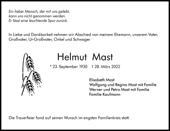 Traueranzeige von Helmut Mast von Leonberger Kreiszeitung / Strohgäu Extra
