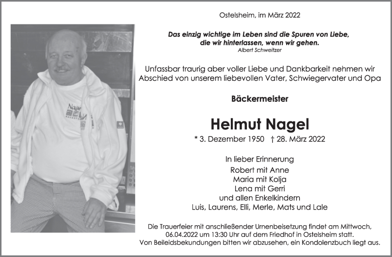  Traueranzeige für Helmut Nagel vom 01.04.2022 aus Leonberger Kreiszeitung / Strohgäu Extra