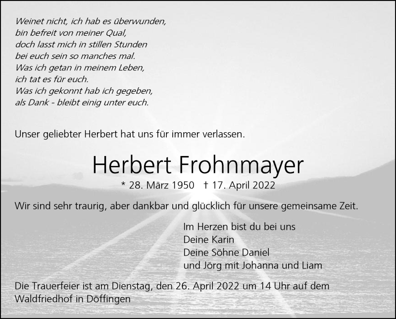 Traueranzeige für Herbert Frohnmayer vom 21.04.2022 aus Leonberger Kreiszeitung / Strohgäu Extra