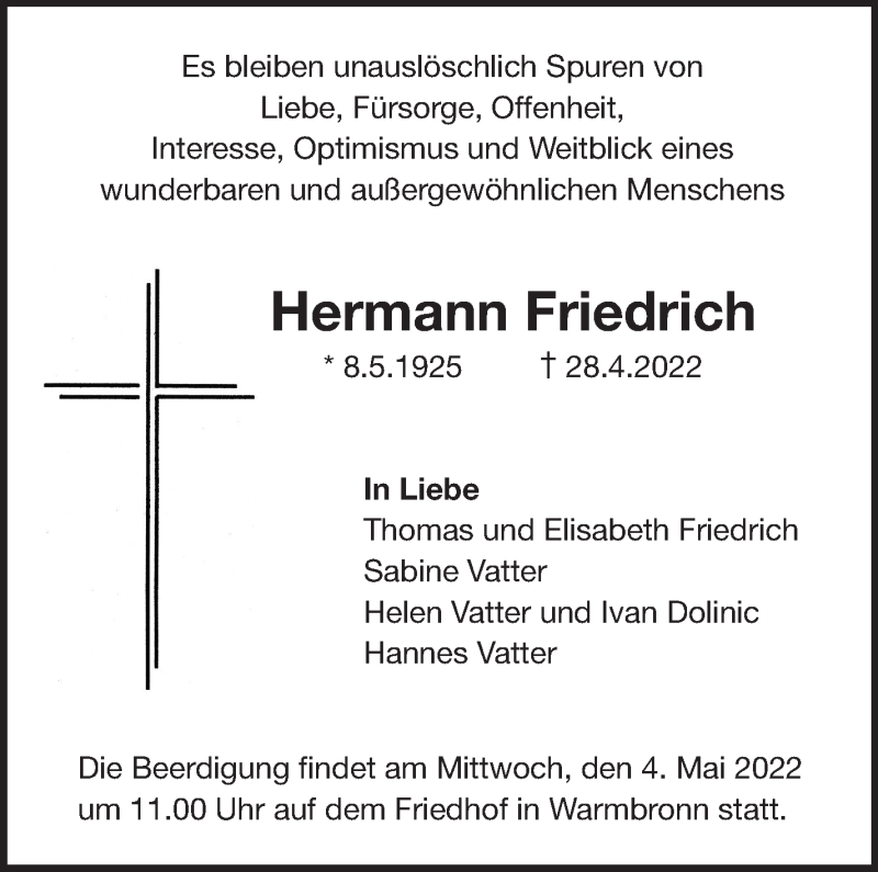  Traueranzeige für Hermann Friedrich vom 30.04.2022 aus Leonberger Kreiszeitung / Strohgäu Extra