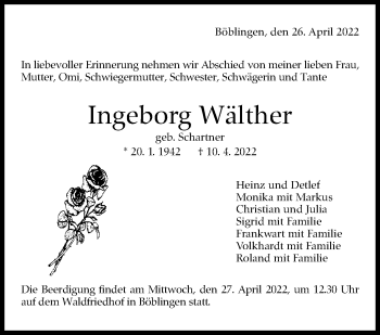Traueranzeige von Ingeborg Wälther von Leonberger Kreiszeitung / Strohgäu Extra