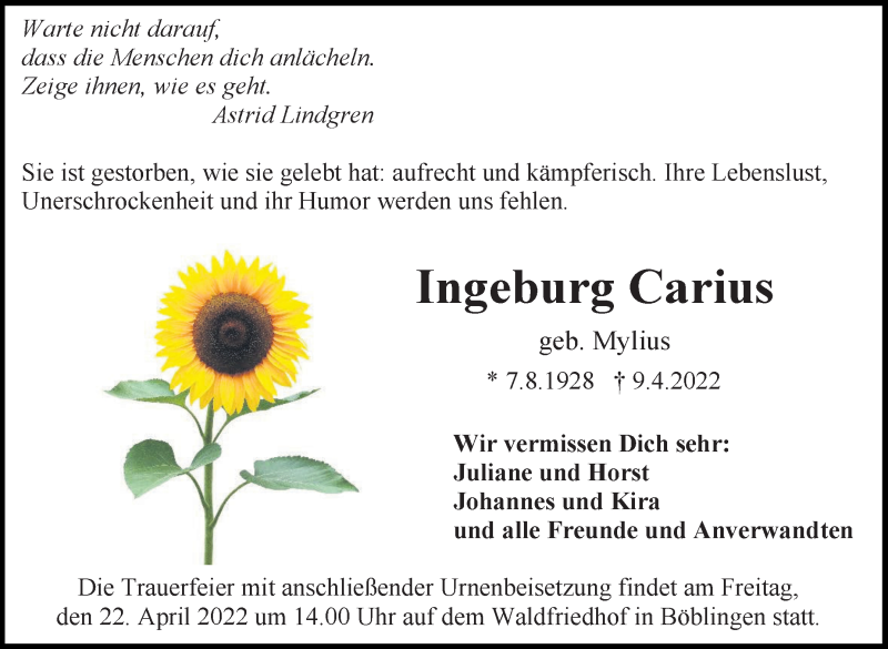  Traueranzeige für Ingeburg Carius vom 19.04.2022 aus Leonberger Kreiszeitung / Strohgäu Extra