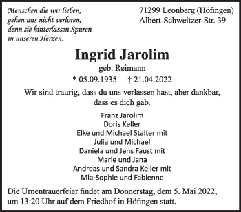 Traueranzeige von Ingrid Jarolim von Leonberger Kreiszeitung / Strohgäu Extra