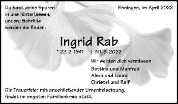 Traueranzeige von Ingrid Rab von Leonberger Kreiszeitung / Strohgäu Extra