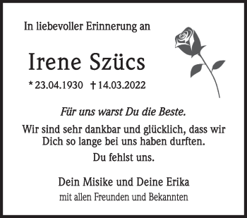 Traueranzeige von Irene Szücs von Leonberger Kreiszeitung / Strohgäu Extra