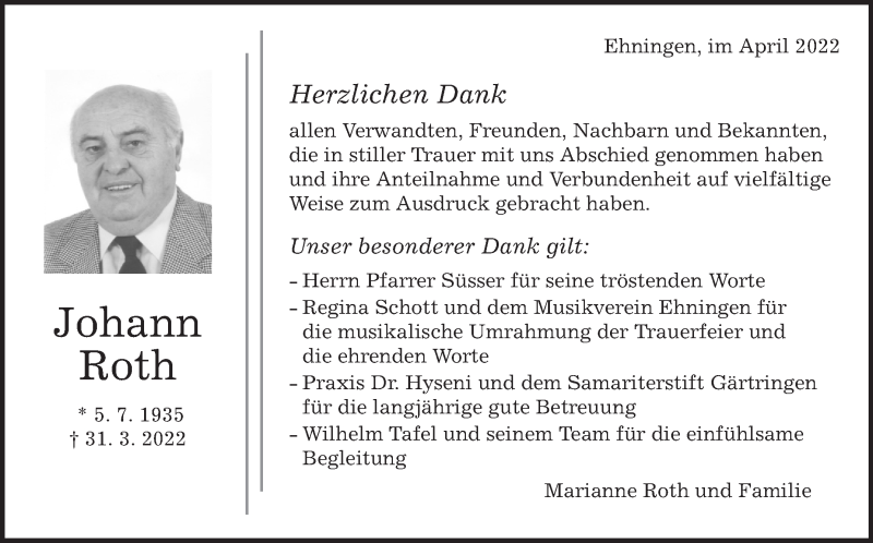  Traueranzeige für Johann Roth vom 28.04.2022 aus Leonberger Kreiszeitung / Strohgäu Extra