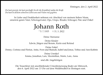 Traueranzeige von Johann Roth von Leonberger Kreiszeitung / Strohgäu Extra