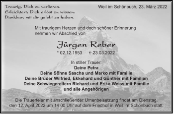 Traueranzeige von Jürgen Reber von Leonberger Kreiszeitung / Strohgäu Extra