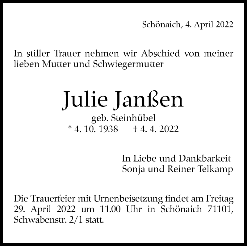  Traueranzeige für Julie Janßen vom 28.04.2022 aus Leonberger Kreiszeitung / Strohgäu Extra