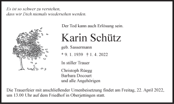 Traueranzeige von Karin Schütz von Leonberger Kreiszeitung / Strohgäu Extra