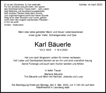 Traueranzeige von Karl Bäuerle von Leonberger Kreiszeitung / Strohgäu Extra