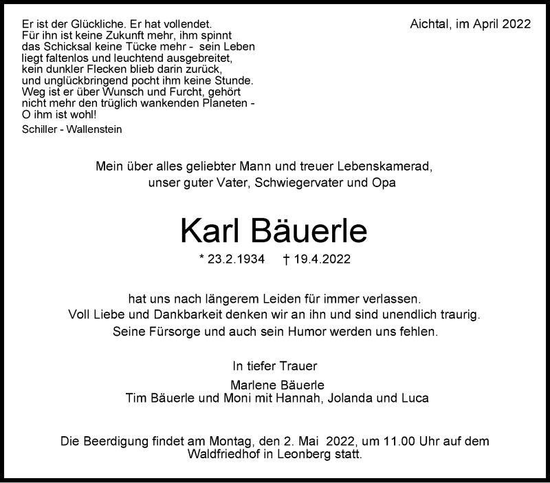  Traueranzeige für Karl Bäuerle vom 27.04.2022 aus Leonberger Kreiszeitung / Strohgäu Extra