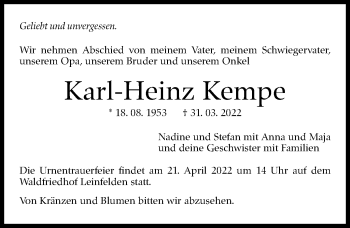 Traueranzeige von Karl-Heinz Kempe von Leonberger Kreiszeitung / Strohgäu Extra
