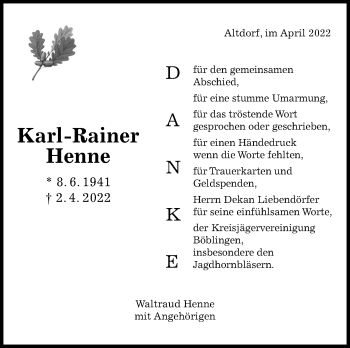Traueranzeige von Karl-Rainer Henne von Leonberger Kreiszeitung / Strohgäu Extra