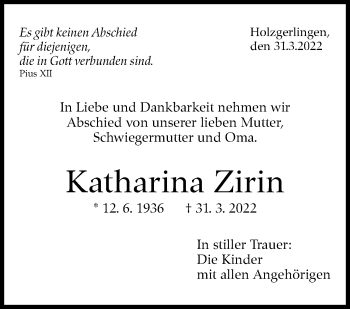 Traueranzeige von Katharina Zirin von Leonberger Kreiszeitung / Strohgäu Extra