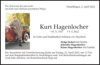 Traueranzeige von Kurt Hagenlocher von Leonberger Kreiszeitung / Strohgäu Extra