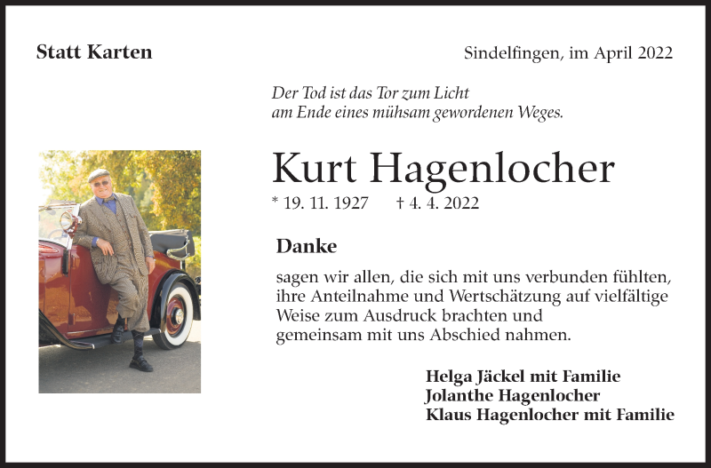  Traueranzeige für Kurt Hagenlocher vom 30.04.2022 aus Leonberger Kreiszeitung / Strohgäu Extra