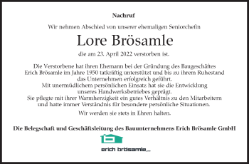 Traueranzeige von Lore Brösamle von Leonberger Kreiszeitung / Strohgäu Extra