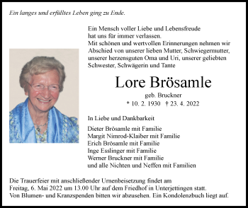 Traueranzeige von Lore Brösamle von Leonberger Kreiszeitung / Strohgäu Extra