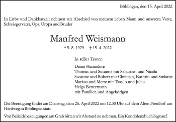 Traueranzeige von Manfred Weismann von Leonberger Kreiszeitung / Strohgäu Extra