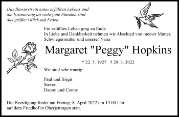Traueranzeige von Margaret Hopkins von Leonberger Kreiszeitung / Strohgäu Extra