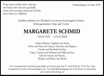 Traueranzeige von Margarete Schmid von Leonberger Kreiszeitung / Strohgäu Extra