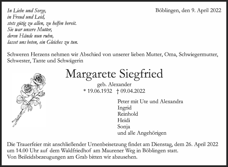  Traueranzeige für Margarete Siegfried vom 19.04.2022 aus Leonberger Kreiszeitung / Strohgäu Extra
