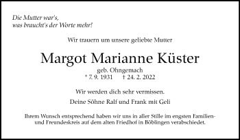 Traueranzeige von Margot Marianne Küster von Leonberger Kreiszeitung / Strohgäu Extra