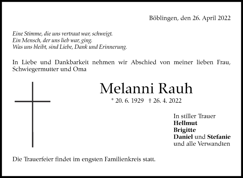  Traueranzeige für Melanni Rauh vom 30.04.2022 aus Leonberger Kreiszeitung / Strohgäu Extra