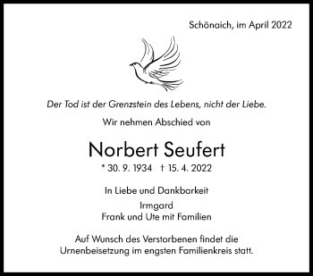 Traueranzeige von Norbert Seufert von Leonberger Kreiszeitung / Strohgäu Extra