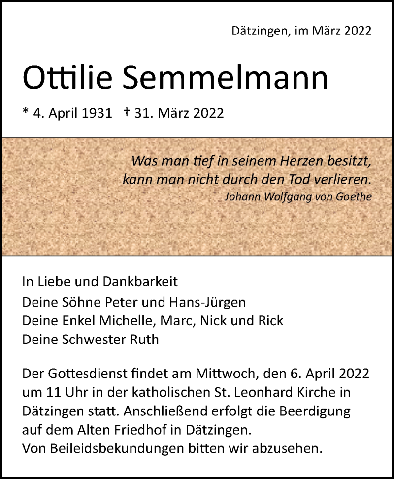  Traueranzeige für Ottilie Semmelmann vom 04.04.2022 aus Leonberger Kreiszeitung / Strohgäu Extra