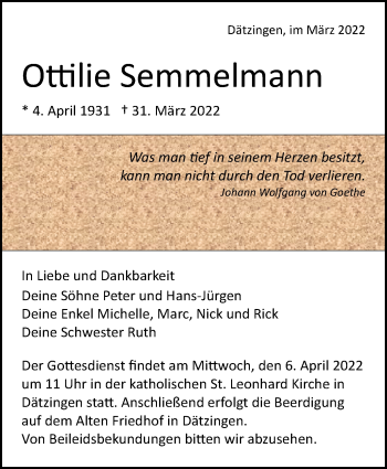 Traueranzeige von Ottilie Semmelmann von Leonberger Kreiszeitung / Strohgäu Extra