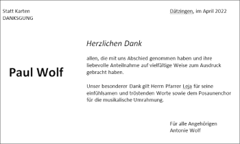Traueranzeige von Paul Wolf von Leonberger Kreiszeitung / Strohgäu Extra